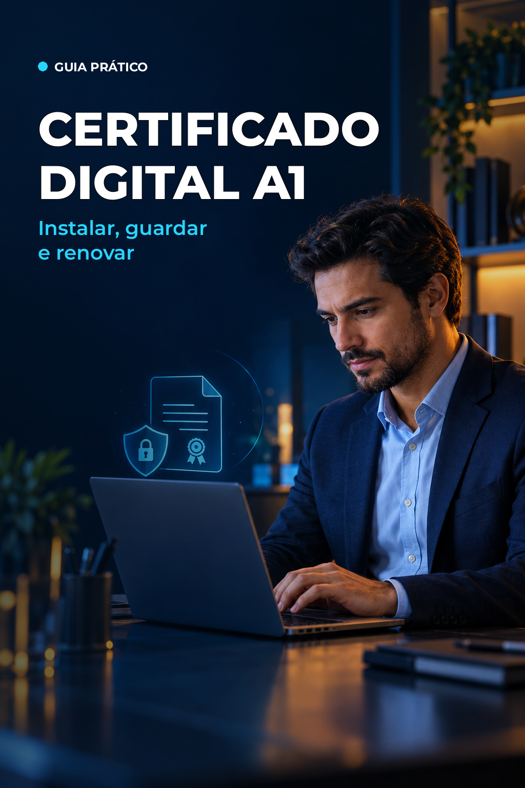 Profissional diante de um notebook em ambiente azul e âmbar, com o título Certificado Digital A1 - Instalar, guardar e renovar.
