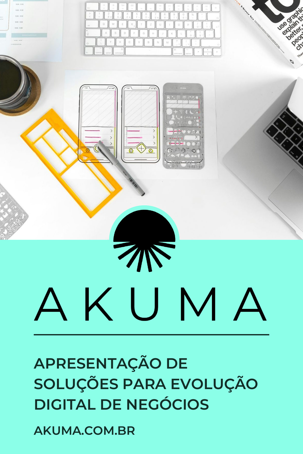 Capa da apresentação institucional AKUMA com estação de trabalho, logotipo original e título Apresentação de soluções para evolução digital de negócios, em formato vertical 2:3.