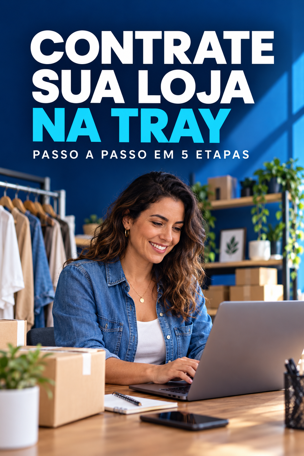 Capa azul com empreendedora usando notebook e título Contrate sua loja na Tray