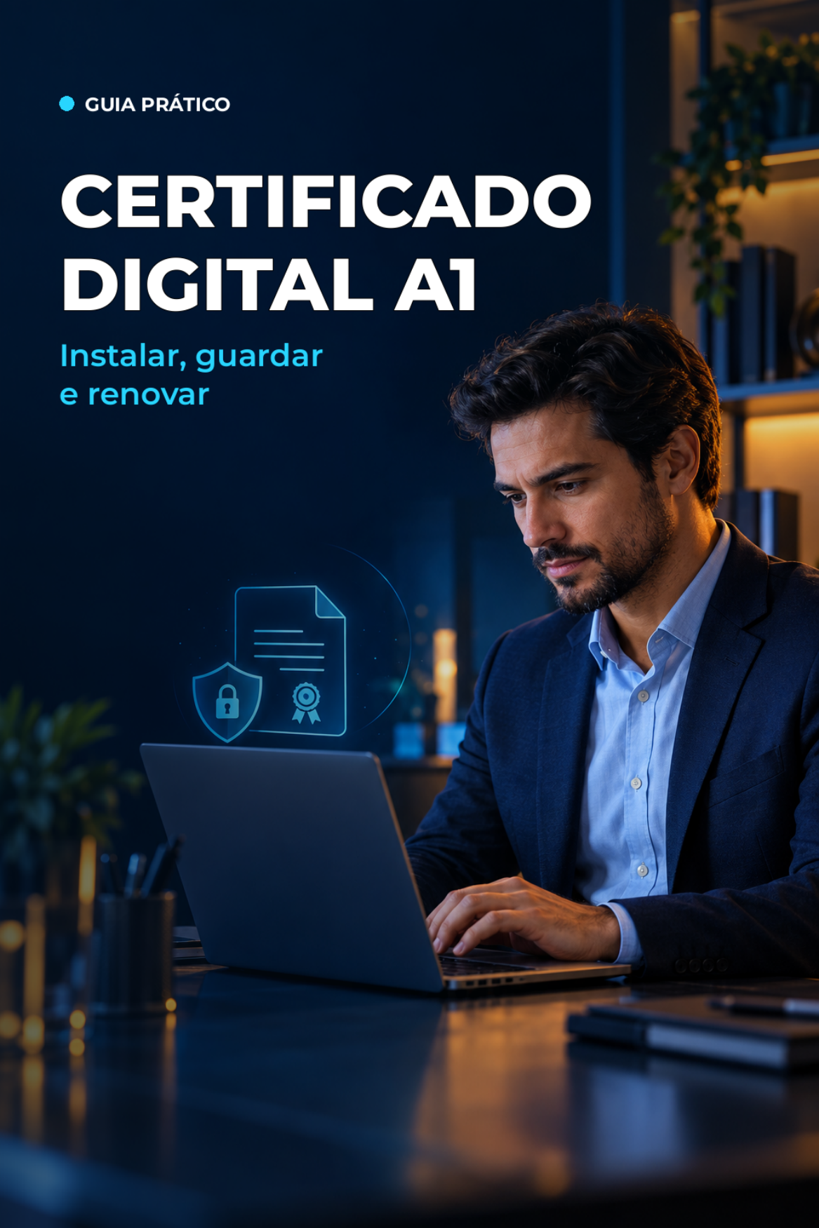 Profissional diante de um notebook em ambiente azul e âmbar, com o título Certificado Digital A1 - Instalar, guardar e renovar.
