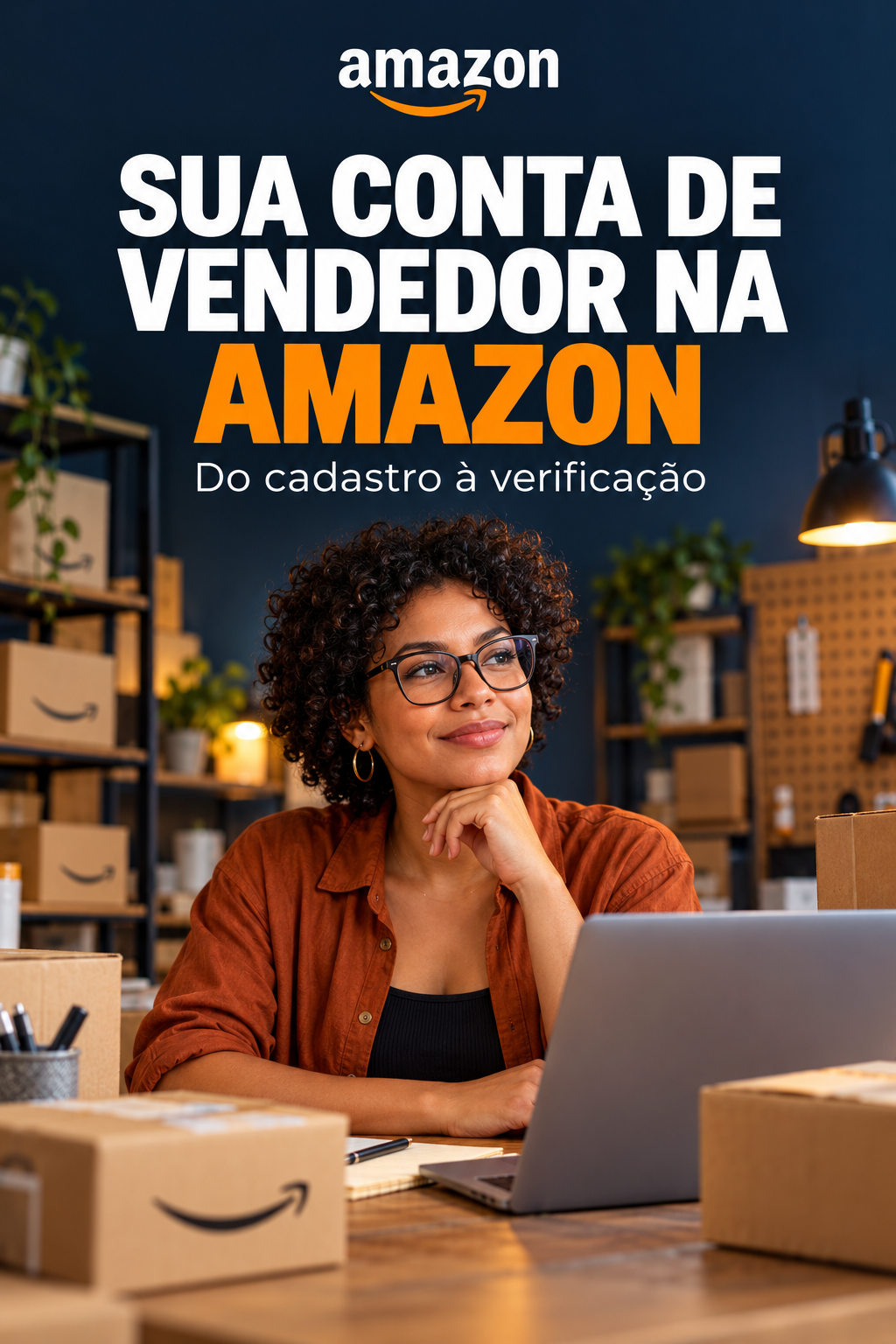 Empreendedora em área de embalagem, com o título Sua conta de vendedor na Amazon.