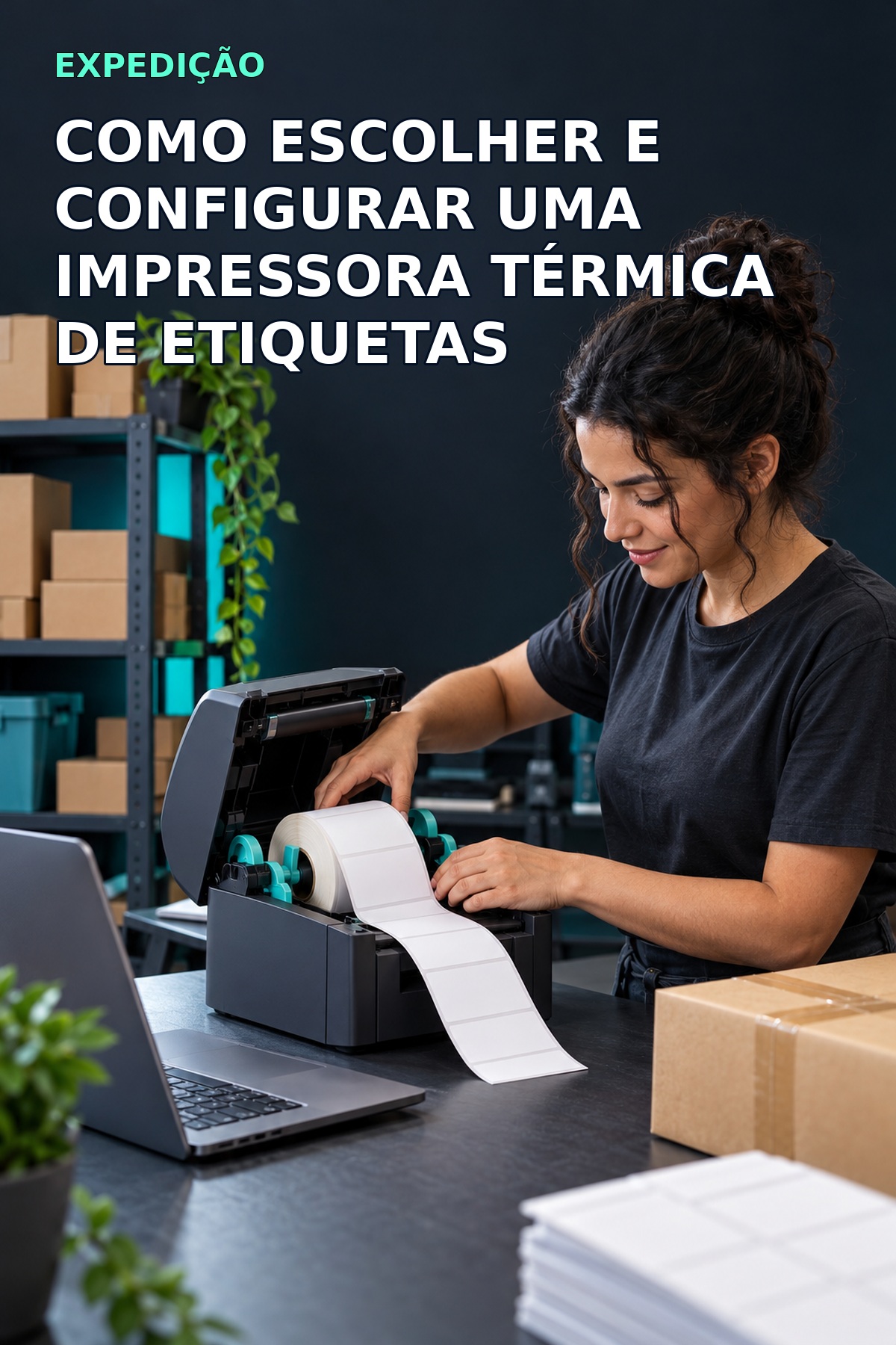 Capa original com profissional preparando uma impressora térmica em bancada de expedição.