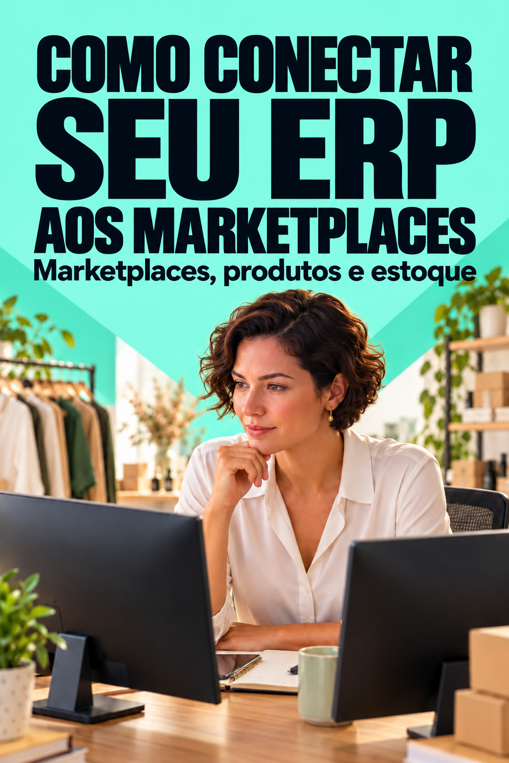 Capa do guia Como conectar seu ERP aos marketplaces, com título explícito da ação e cena ilustrativa relacionada à operação.