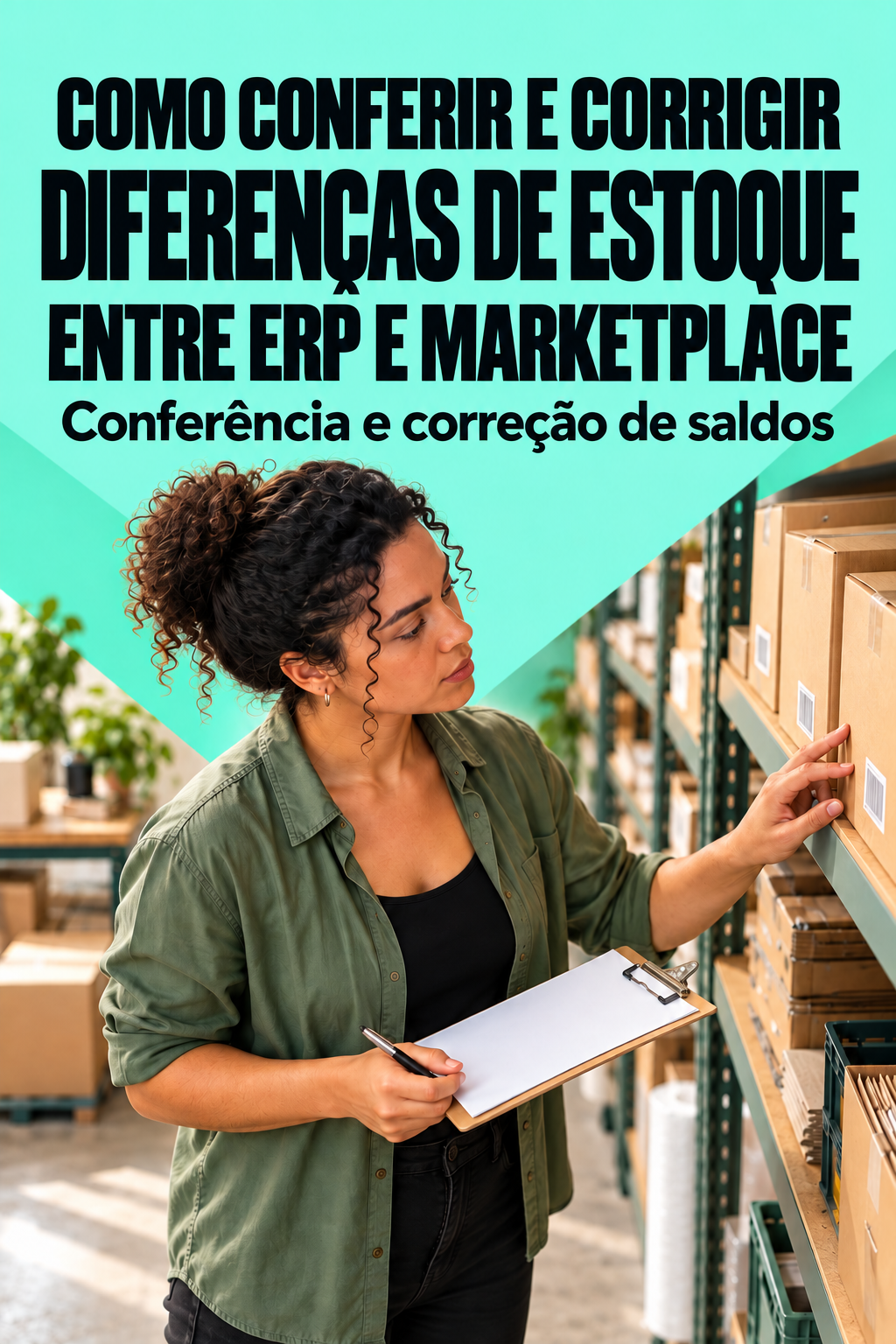 Capa do guia Como conferir e corrigir diferenças de estoque entre ERP e marketplace, com título explícito da ação e cena ilustrativa relacionada à operação.