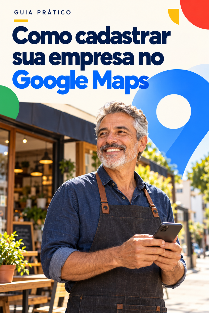 Capa do guia de cadastro no Google Maps, com um empreendedor em frente a uma cafeteria, título azul e um marcador de mapa ilustrativo.