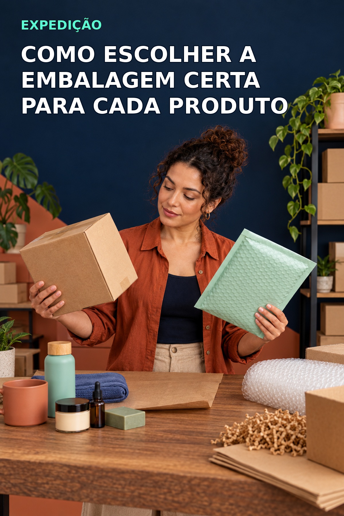 Pessoa escolhendo caixas e materiais de proteção para embalar produtos.