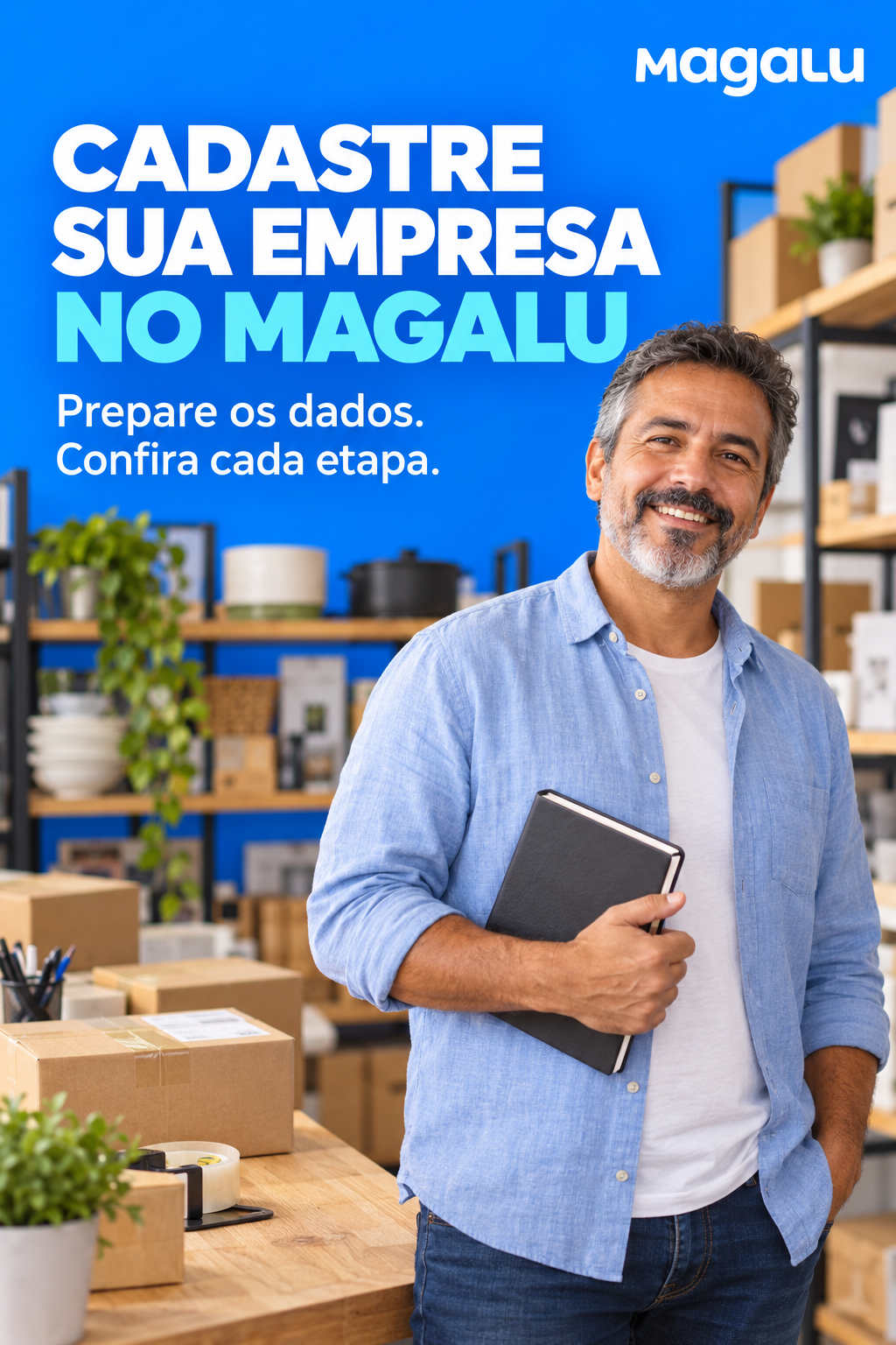Empreendedor em loja, com o título Cadastre sua empresa no Magalu.