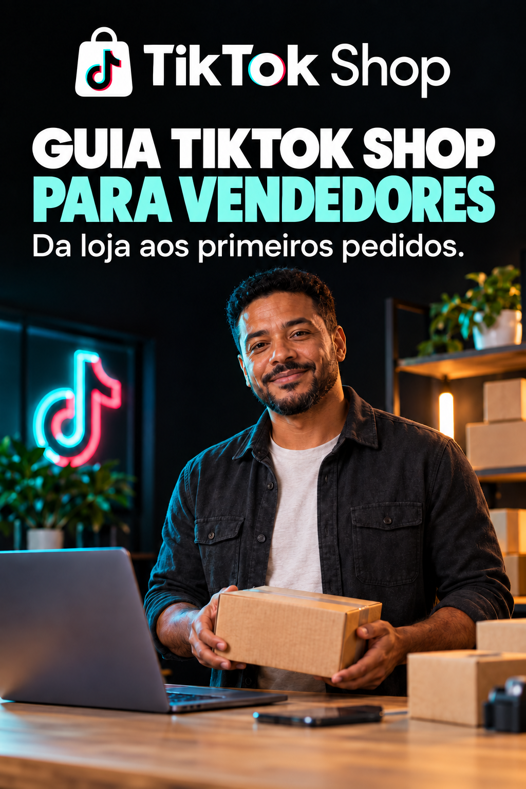 Capa do guia TikTok Shop para vendedores e MEIs, com celular e elementos de comércio digital, sem barra inferior.