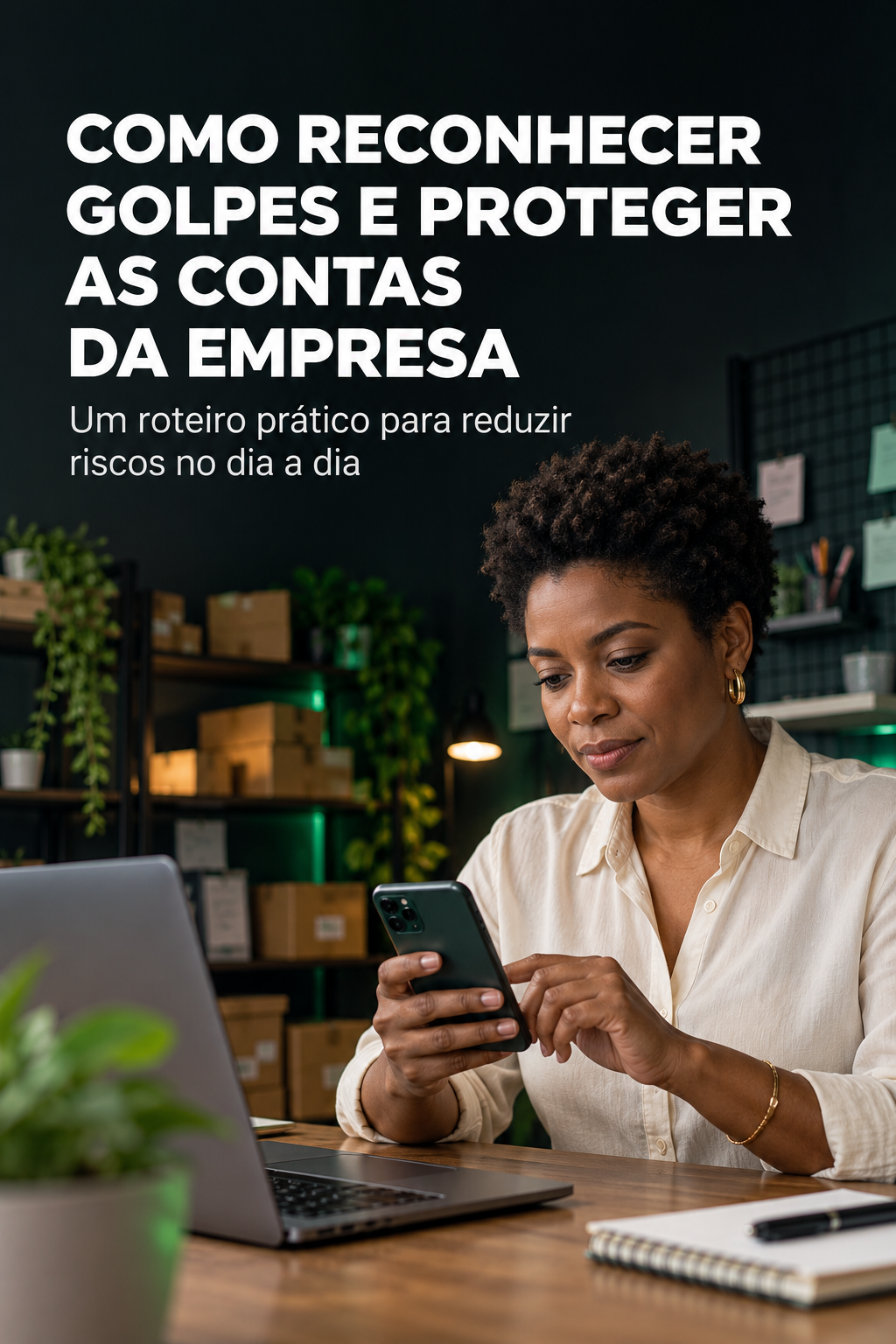 Empresária confere a segurança das contas pelo celular, em capa editorial sobre golpes e proteção digital.