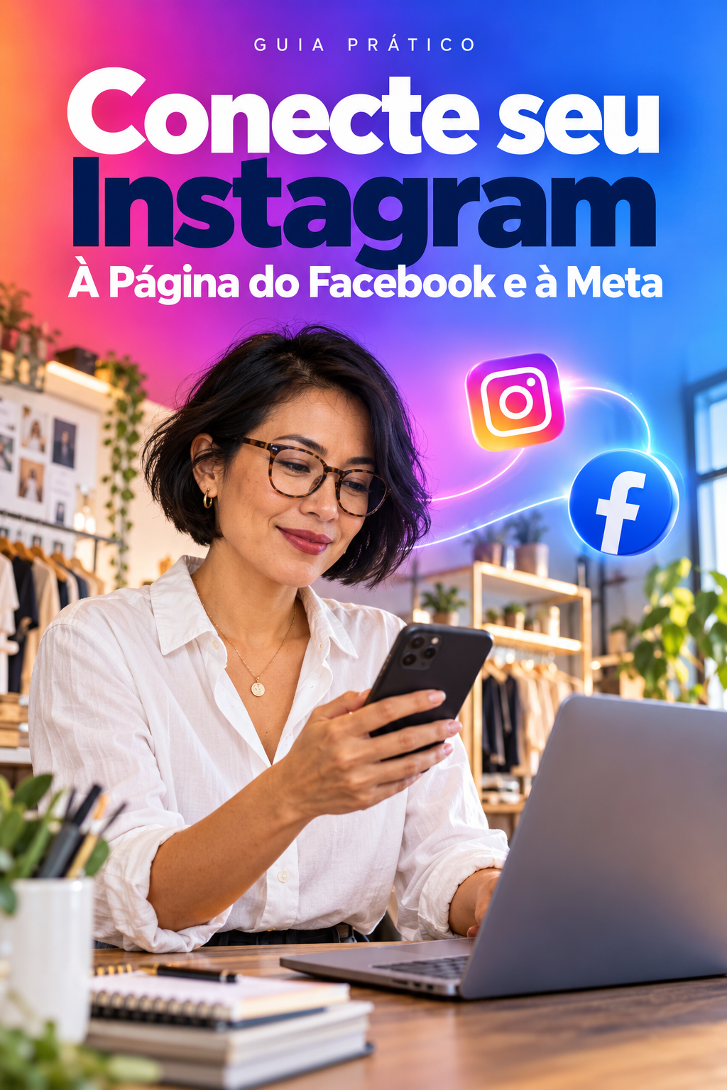 Empreendedora com óculos usa o celular diante do notebook, em capa com gradiente Instagram e azul Facebook e título Conecte seu Instagram.