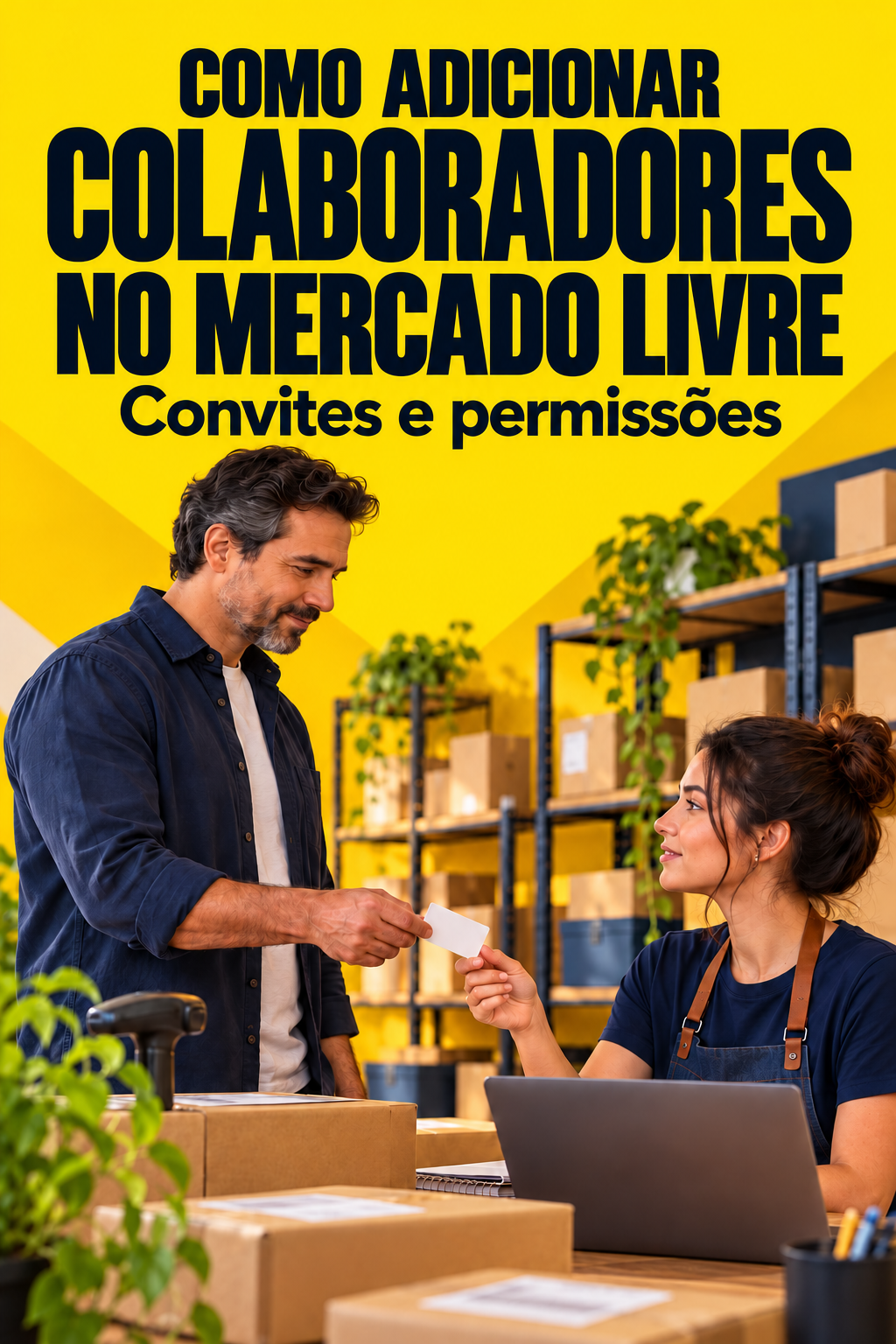 Capa do guia Como adicionar colaboradores no Mercado Livre, com título explícito da ação e cena ilustrativa relacionada à operação.