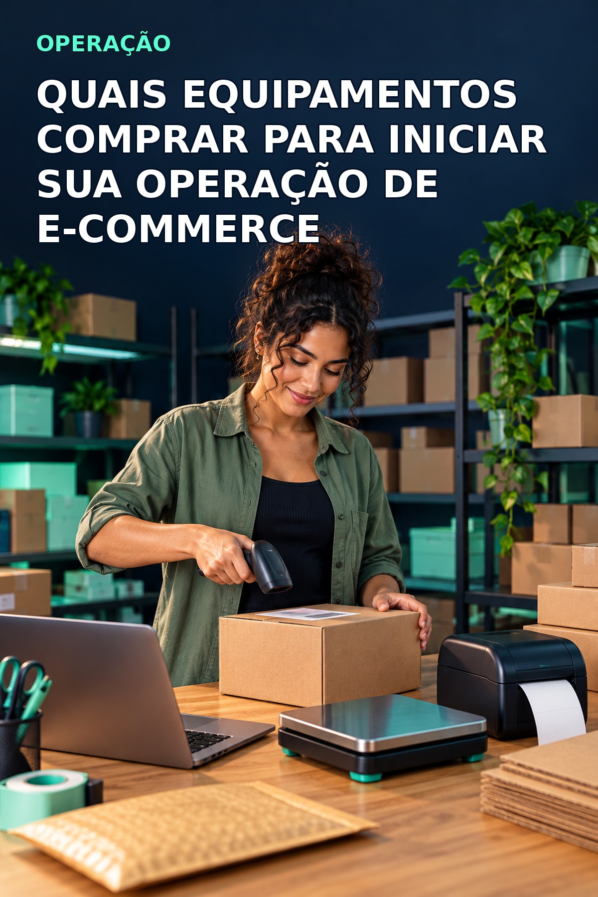 Capa original com profissional conferindo caixa em bancada equipada com computador, leitor, balança e impressora.