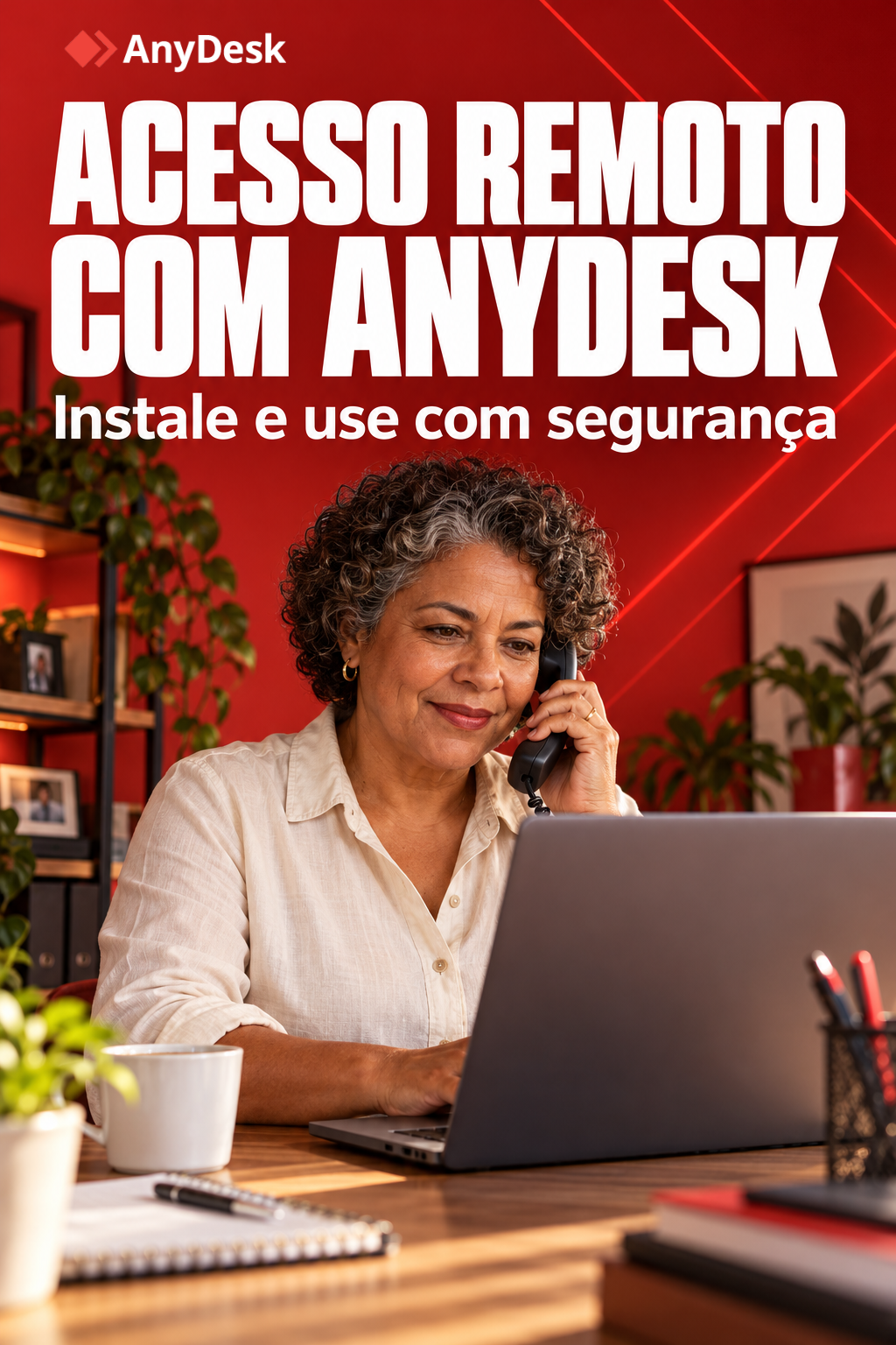Guia Acesso remoto com AnyDesk em vermelho e branco, com uma empresária confirmando atendimento por telefone diante de um notebook.