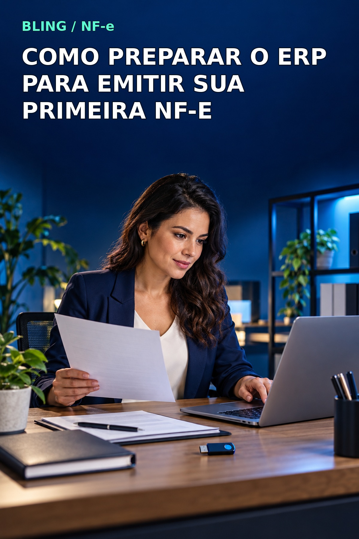 Profissional conferindo dados fiscais no ERP antes de emitir a primeira NF-e.