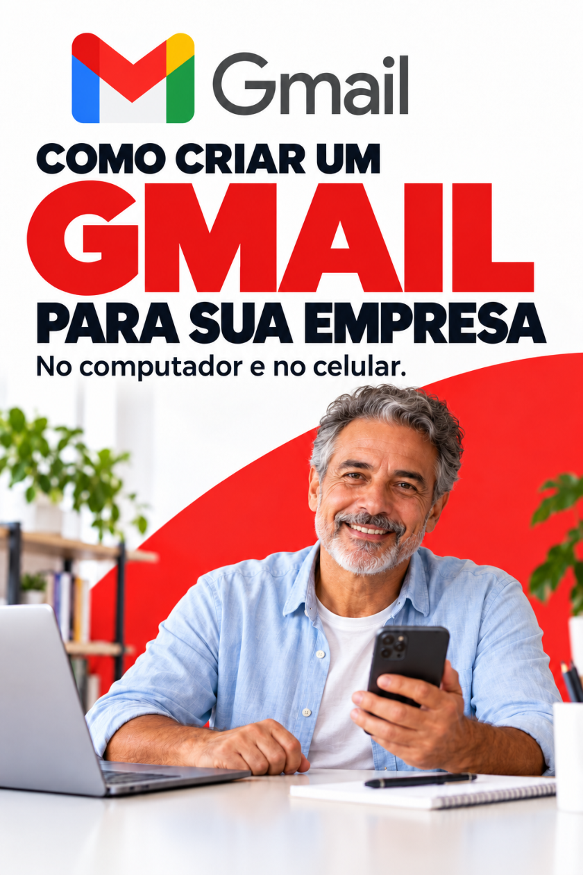 Capa do guia Como criar um Gmail para sua empresa, com logo Gmail, título em preto e vermelho e homem usando computador e celular.