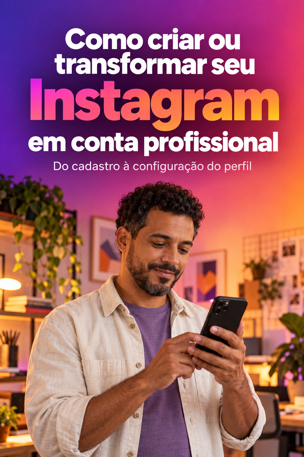 Capa do guia Como criar ou transformar seu Instagram em conta profissional, com um empreendedor usando o celular e fundo em gradiente roxo, rosa e laranja.