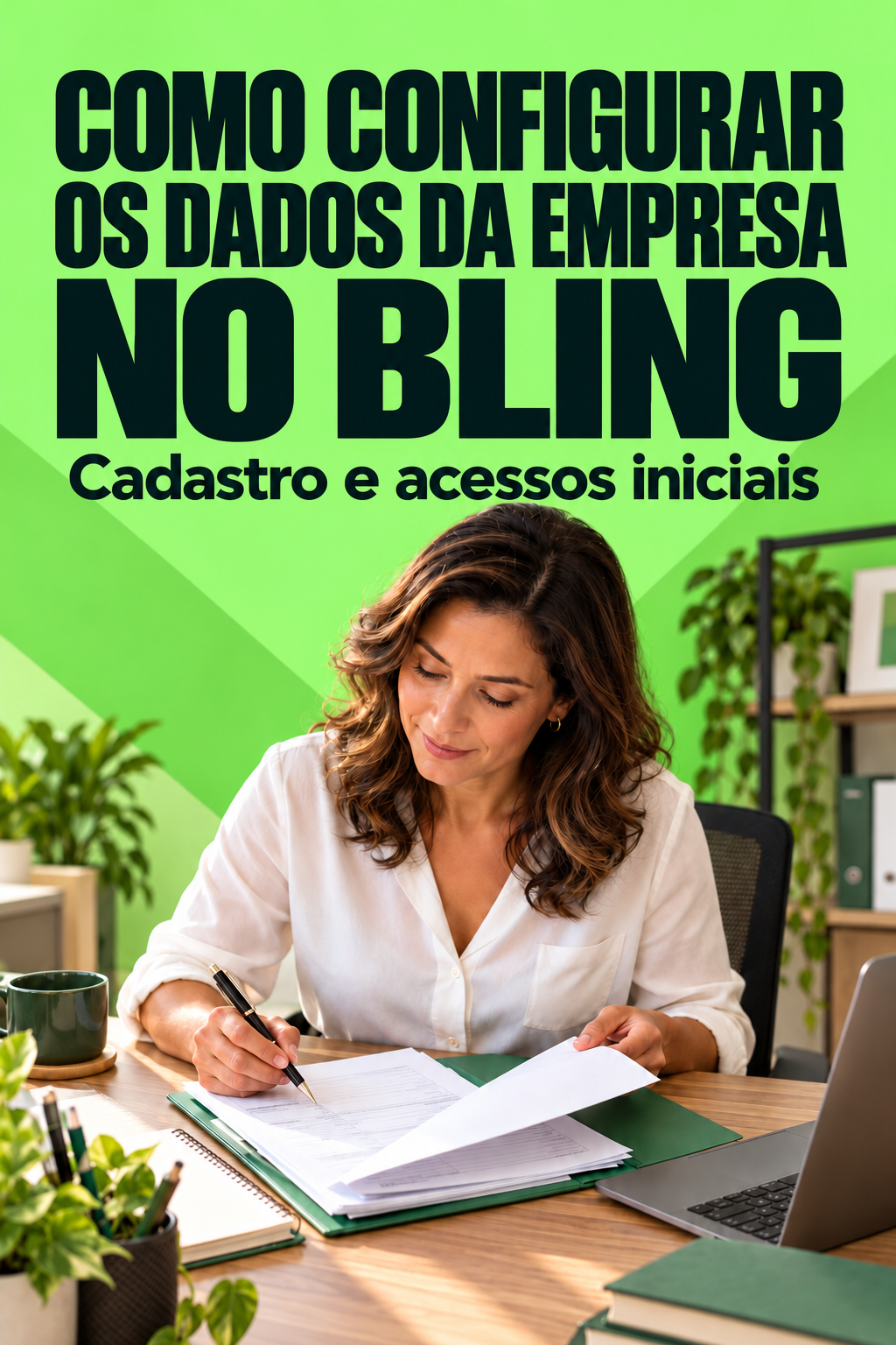 Capa do guia Como configurar os dados da empresa no Bling, com título explícito da ação e cena ilustrativa relacionada à operação.