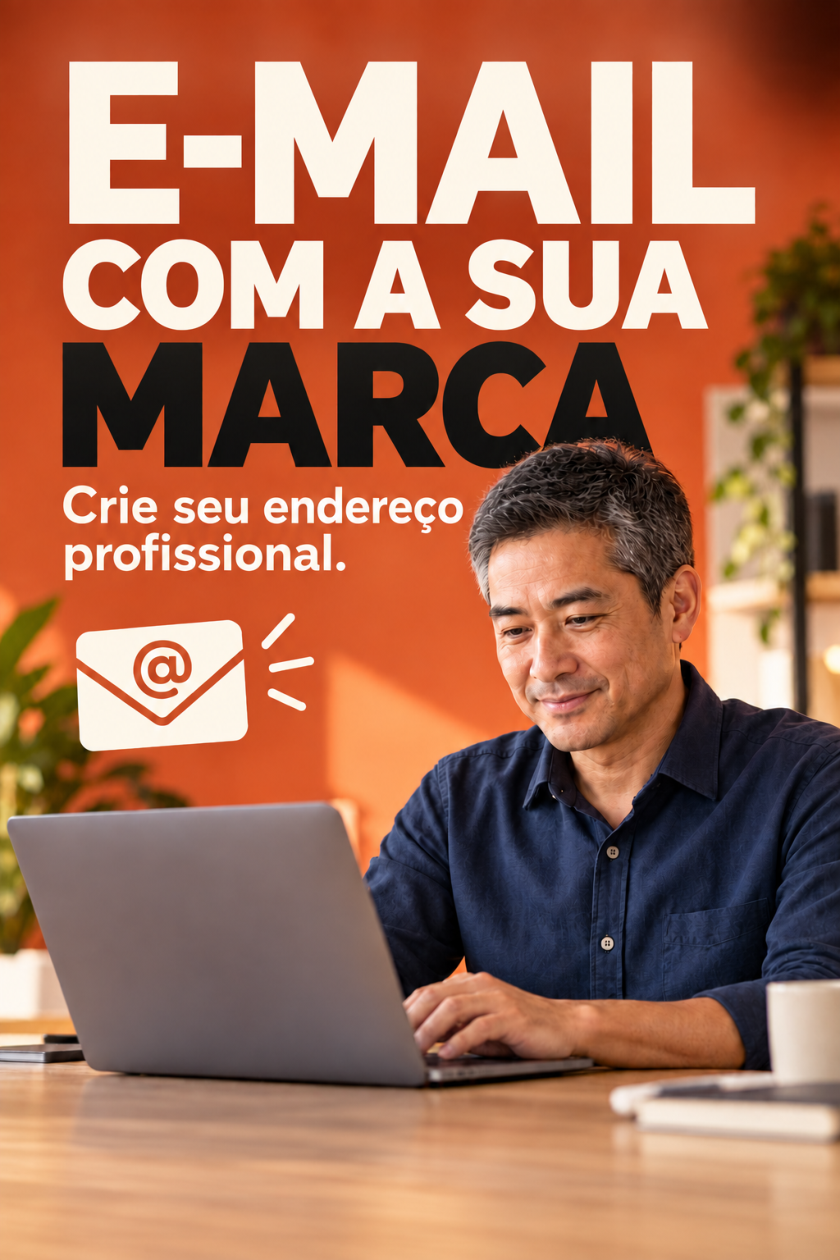Capa laranja com o título E-mail com a sua marca, ícone de envelope e homem usando notebook em uma mesa.