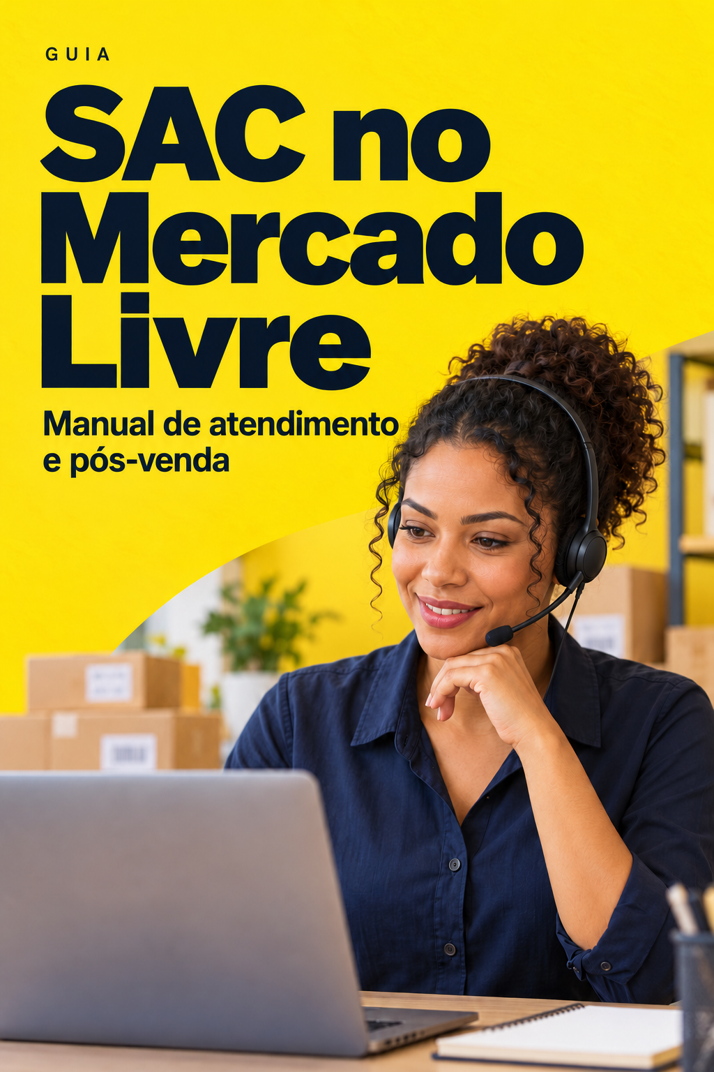 Capa amarela do manual SAC no Mercado Livre com atendente fictícia usando headset e subtítulo Manual de atendimento e pós-venda.