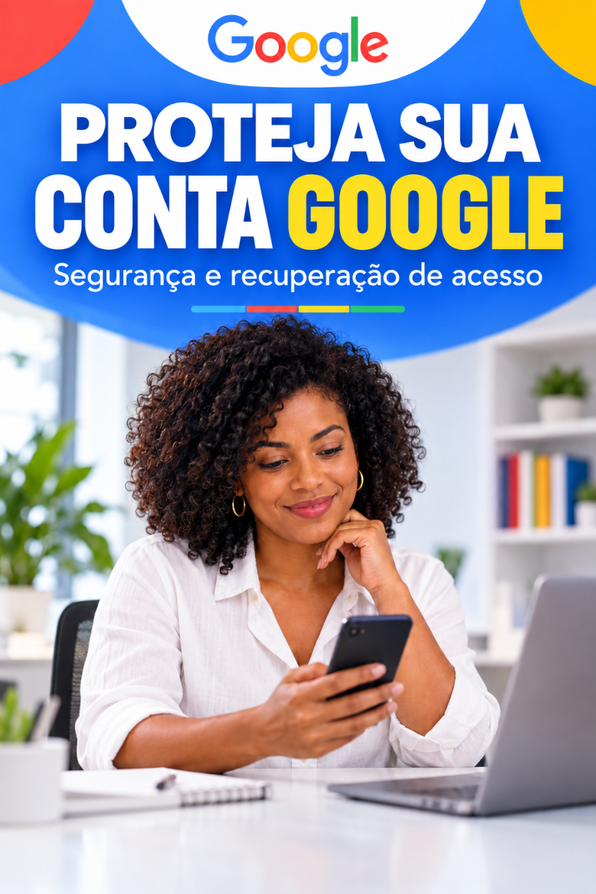 Capa azul do guia Proteja sua Conta Google, com logo Google, título em branco e amarelo e mulher usando o celular.