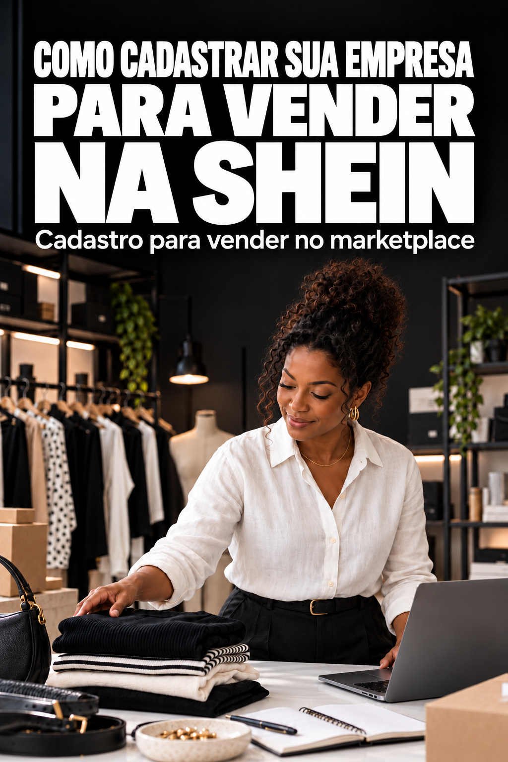 Capa do guia Como cadastrar sua empresa para vender na SHEIN, com título explícito da ação e cena ilustrativa relacionada à operação.