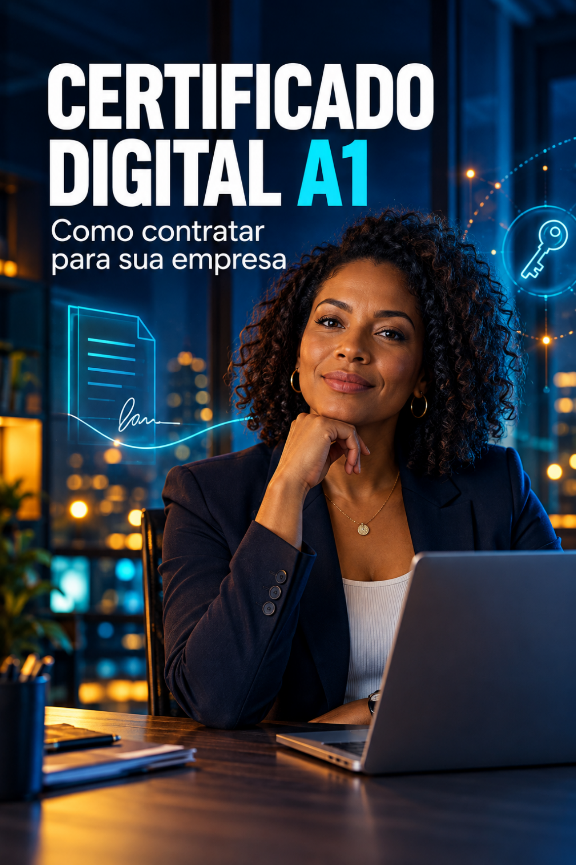 Empresária diante de um notebook em ambiente azul e âmbar, com o título Certificado Digital A1 — Como contratar para sua empresa.