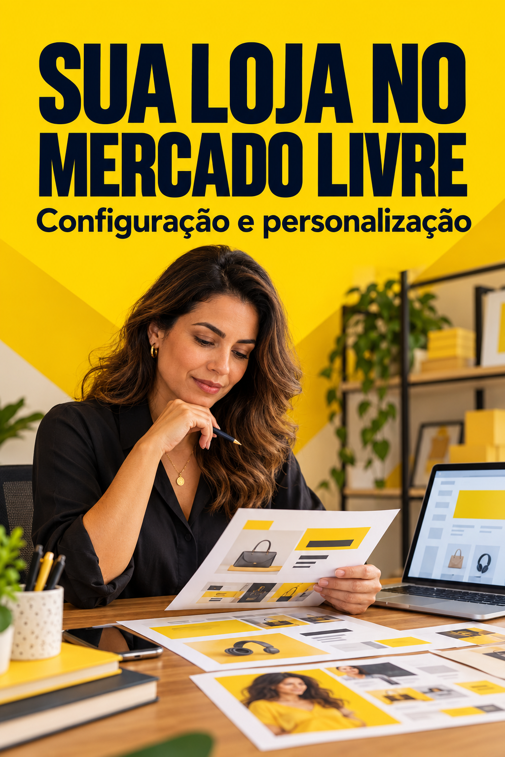 Capa editorial amarela com empreendedora e título Sua loja no Mercado Livre