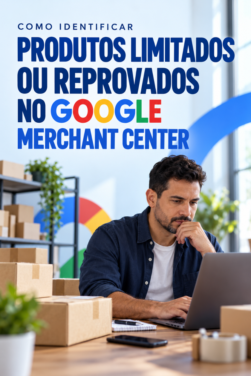 Capa sobre produtos limitados ou reprovados no Google Merchant Center, com empreendedor olhando um notebook entre caixas de loja online e fundo azul.