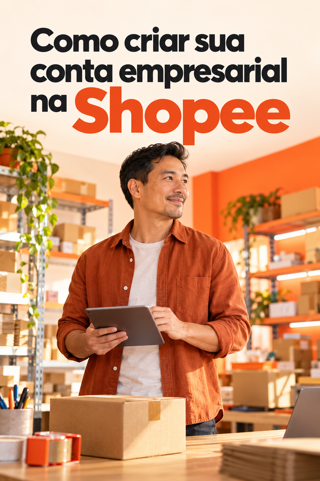 Empreendedor com tablet em um espaço de embalagens laranja, sob o título Como criar sua conta empresarial na Shopee.