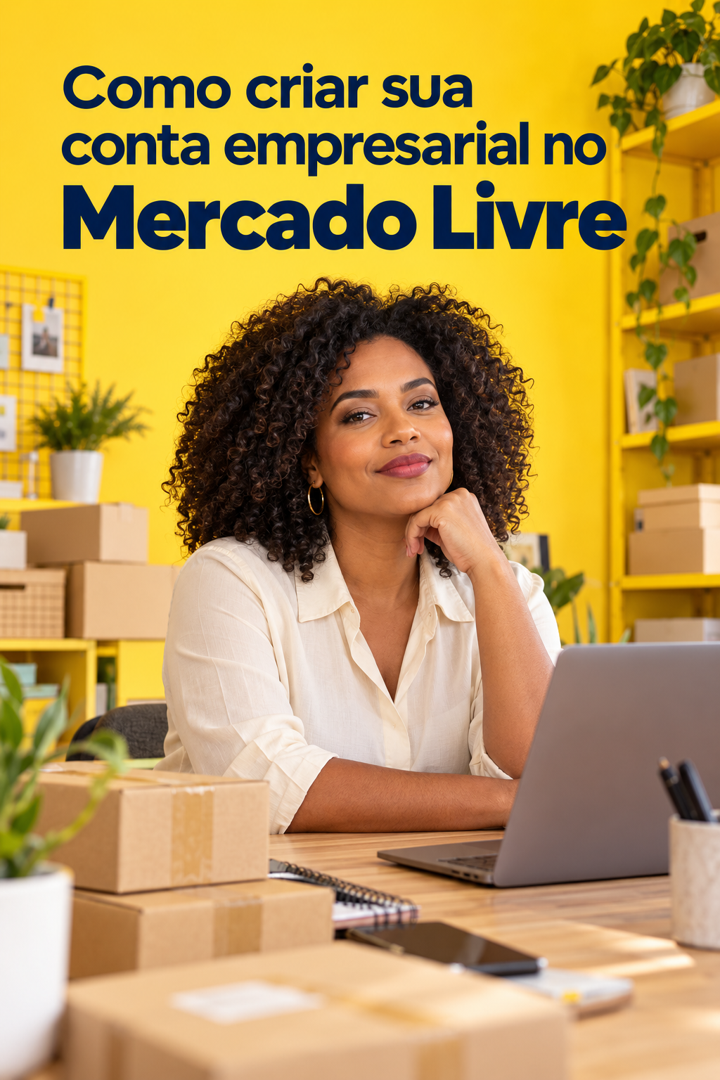 Empreendedora em um espaço de trabalho amarelo com notebook e caixas, sob o título Como criar sua conta empresarial no Mercado Livre.