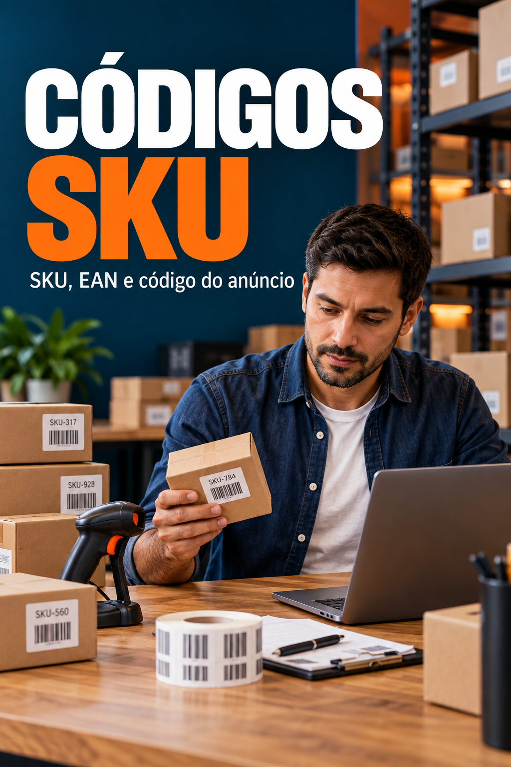 Profissional confere etiqueta de produto em centro de expedição, sob o título Códigos SKU — SKU, EAN e código do anúncio.