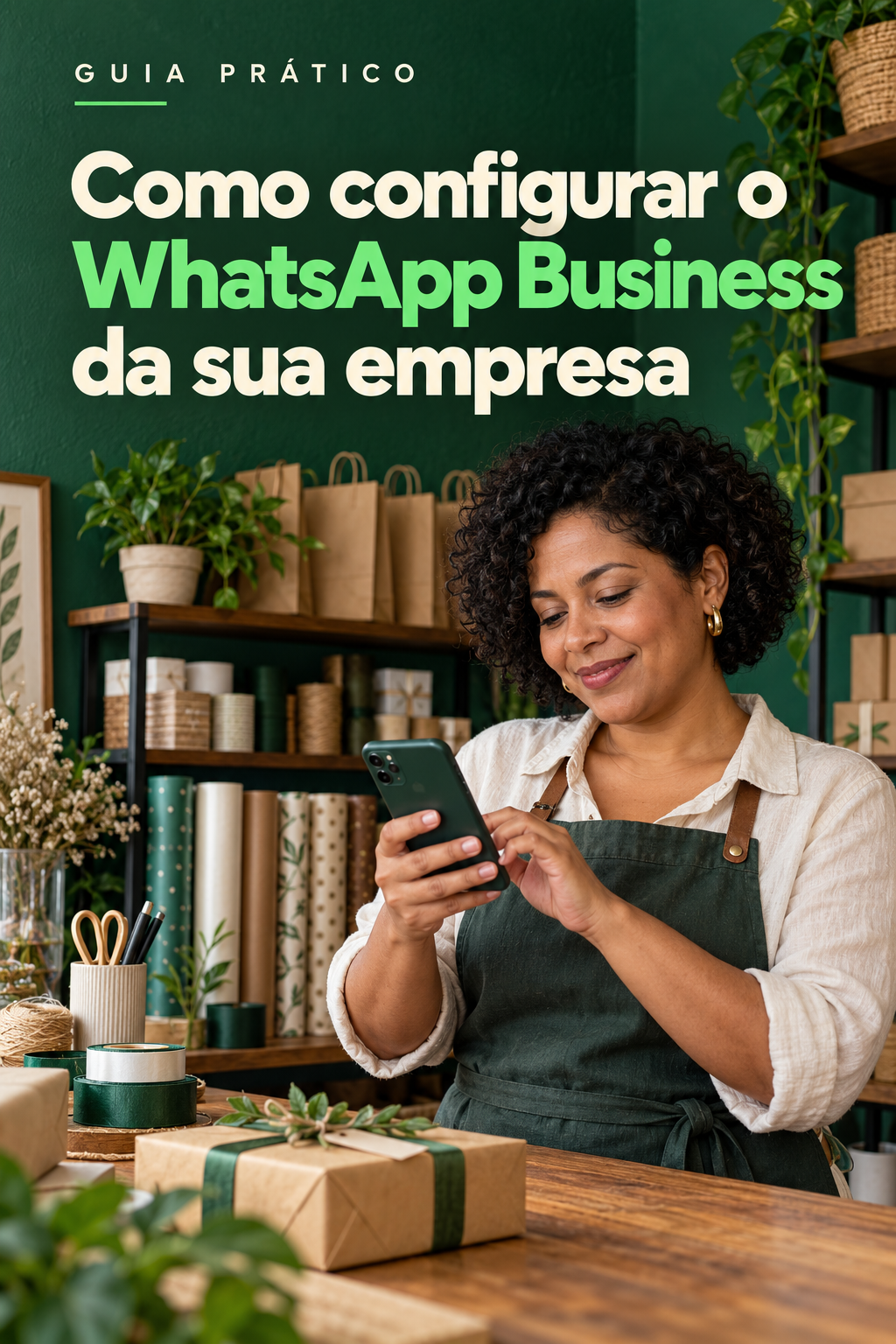 Capa verde do guia de configuração do WhatsApp Business, com uma empreendedora usando o celular em um ateliê de presentes.