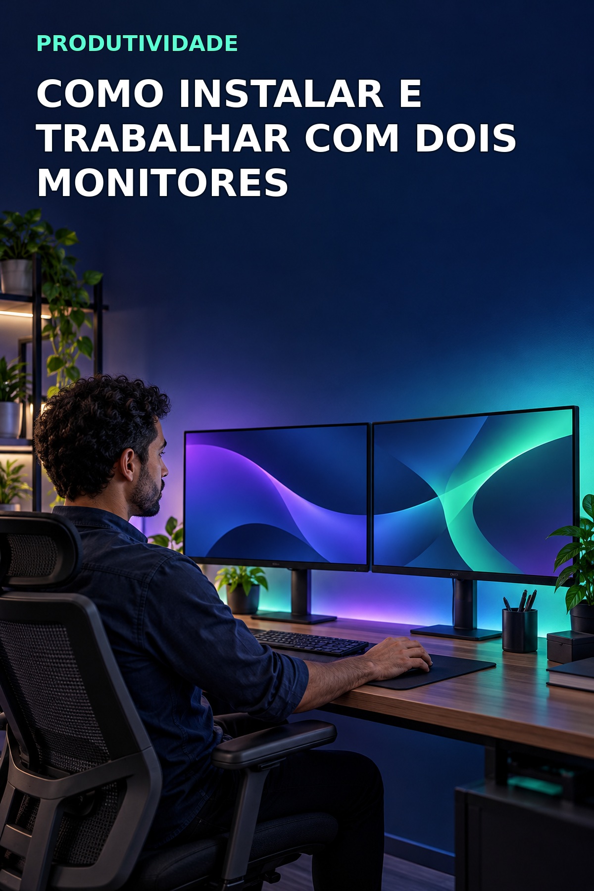 Capa original: pessoa trabalhando em uma estação com dois monitores, título sobre instalação e uso de duas telas.