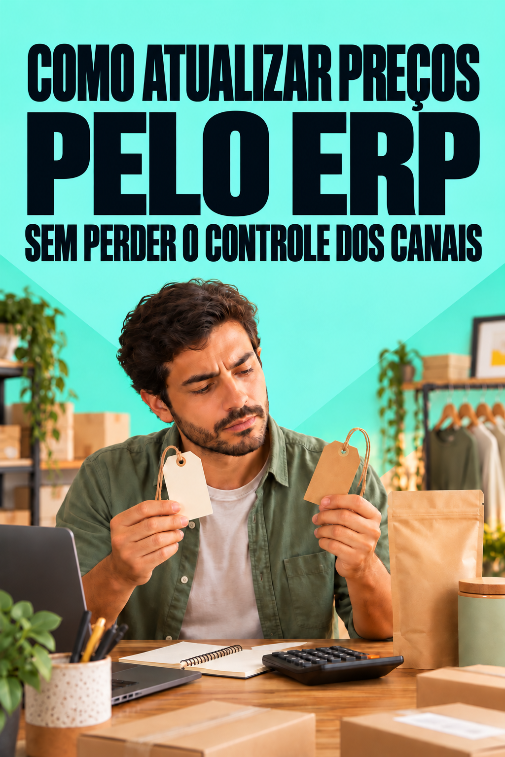 Capa do guia Como atualizar preços pelo ERP sem perder o controle dos canais, com título explícito da ação e cena ilustrativa relacionada à operação.