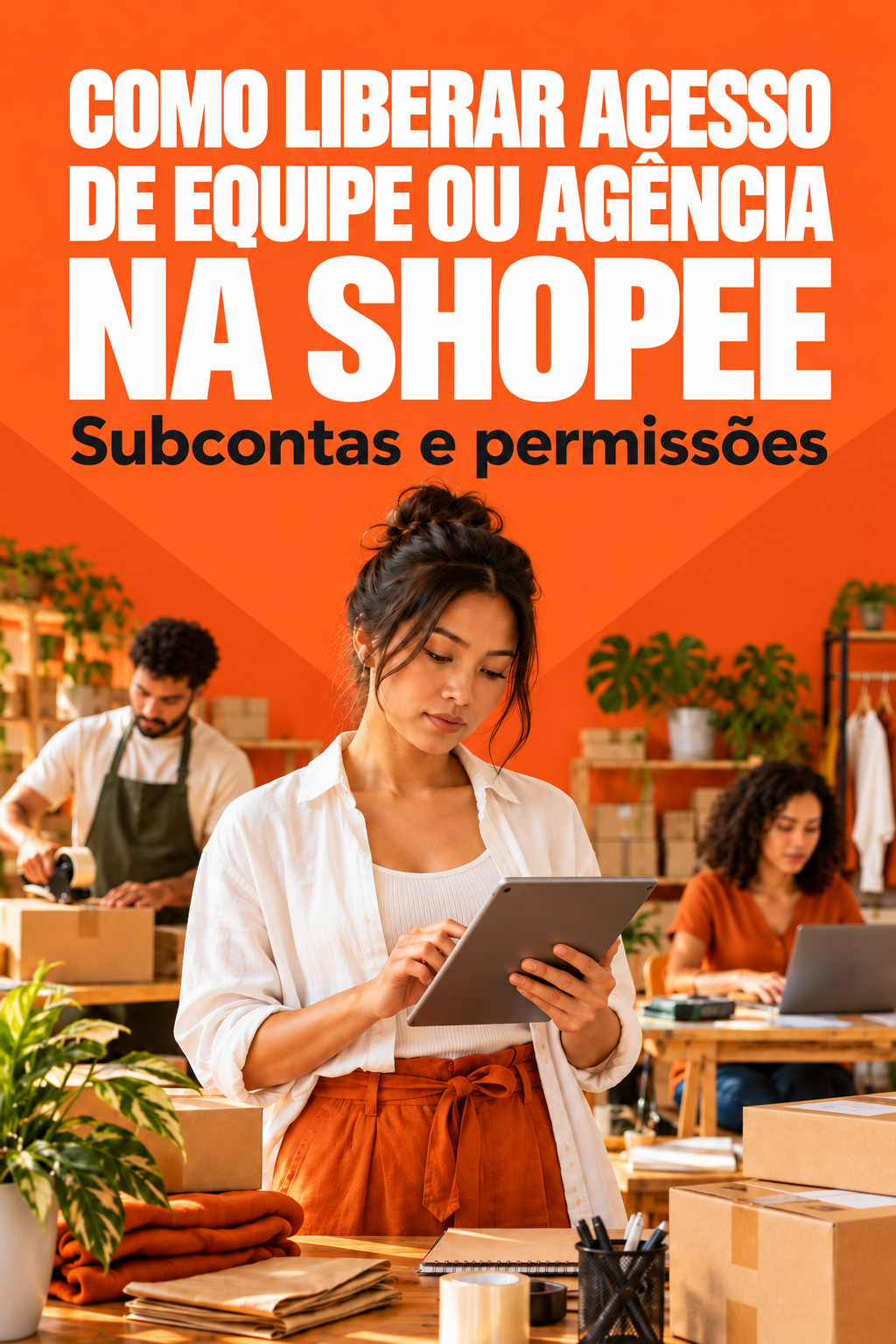 Sua equipe na Shopee. Capa editorial ilustrativa, com cena de trabalho relacionada ao tema.